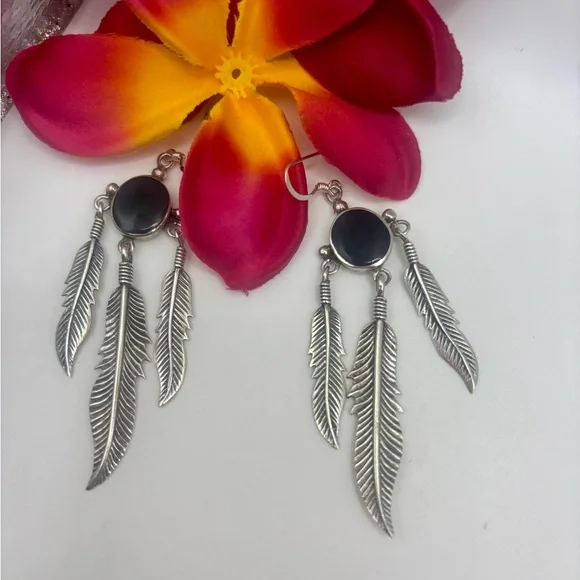 Vintage Black Agate 925 Feather Dangling Earrings - Picture 5 of 8